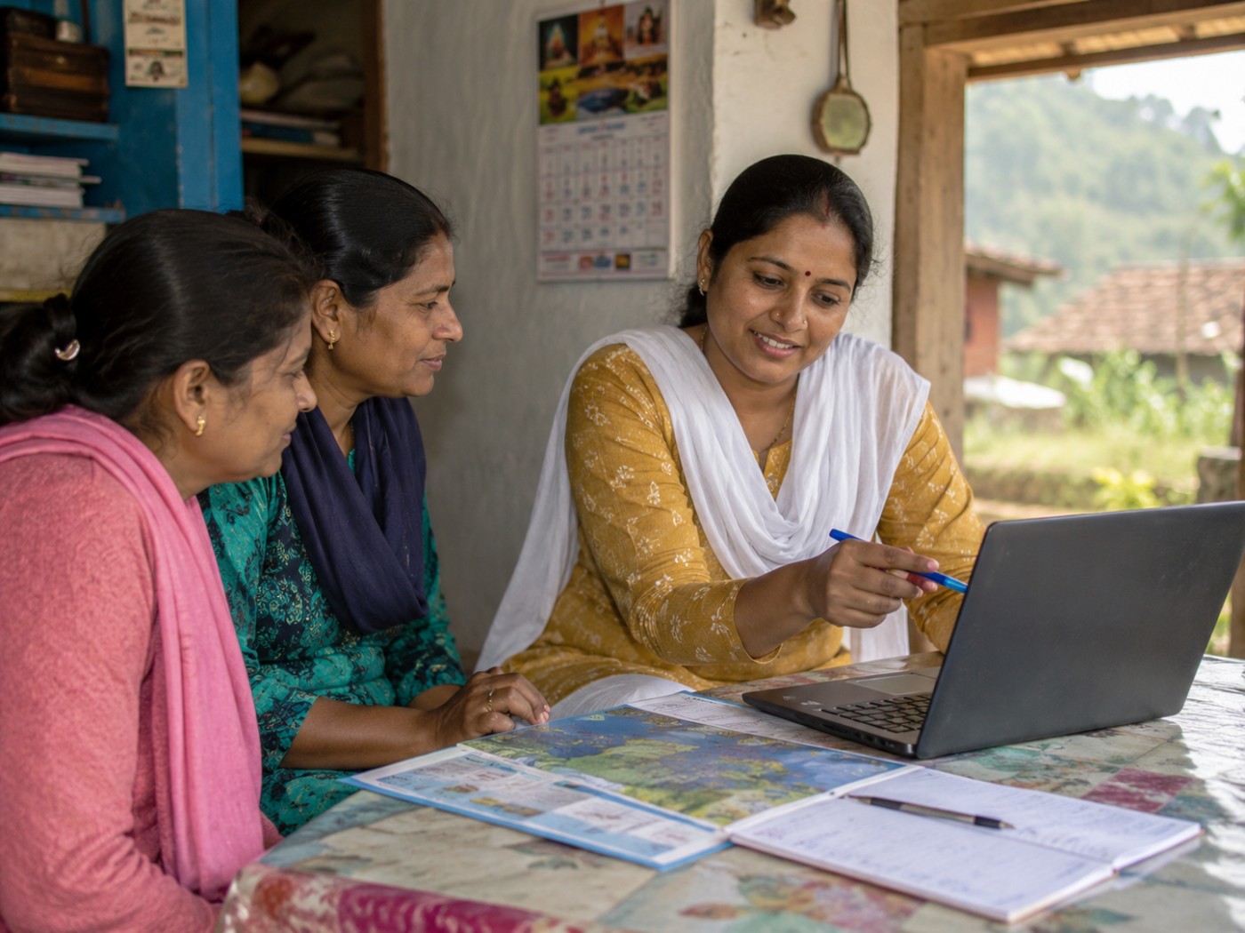 A partner helping women plan a journey